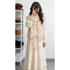 批发实价有货韩系轻奢风背心马甲叠穿衬衫上衣女高腰花边半身裙套装