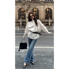 实价有货春季新款设计感不规则长袖衬衫上衣高腰显瘦微喇裤套装