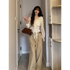 实价有货法式轻熟风收腰波点上衣女气质高腰显瘦宽松阔腿裤套装