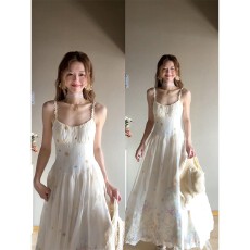批发实价有货法式白色刺绣碎花无袖吊带<b class='q'>连衣裙</b>女<b class='q'>高腰</b>修身显瘦长裙子