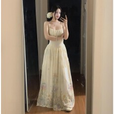 批发实价有货法式白色刺绣碎花无袖吊带<b class='q'>连衣裙</b>女<b class='q'>高腰</b>修身显瘦长裙子