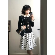 批发实价有货时尚小香风黑色长袖针织开衫春季收腰学院风<b class='q'>半身裙</b>套装