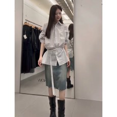 批发实价有货韩系高级感条纹翻领<b class='q'>衬衫</b>上衣女夏季高腰显瘦半身裙套装