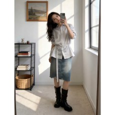 批发实价有货韩系高级感条纹翻领<b class='q'>衬衫</b>上衣女夏季高腰显瘦半身裙套装