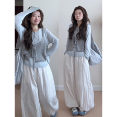 批发实价有货韩系松弛风长袖<b class='q'>打底衫</b>灰色背心上衣高腰显瘦阔腿裤套装