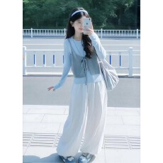 批发实价有货韩系松弛风长袖<b class='q'>打底衫</b>灰色背心上衣高腰显瘦阔腿裤套装