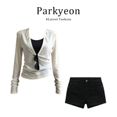 批发实价有货V领长袖防晒罩衫内搭吊带上衣女春夏季显瘦A字短裤<b class='q'>套装</b>