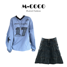 批发实价有货美式复古运动风撞色V领T恤女高腰显瘦<b class='q'>蓬蓬</b>蛋糕<b class='q'>裙套装</b>女