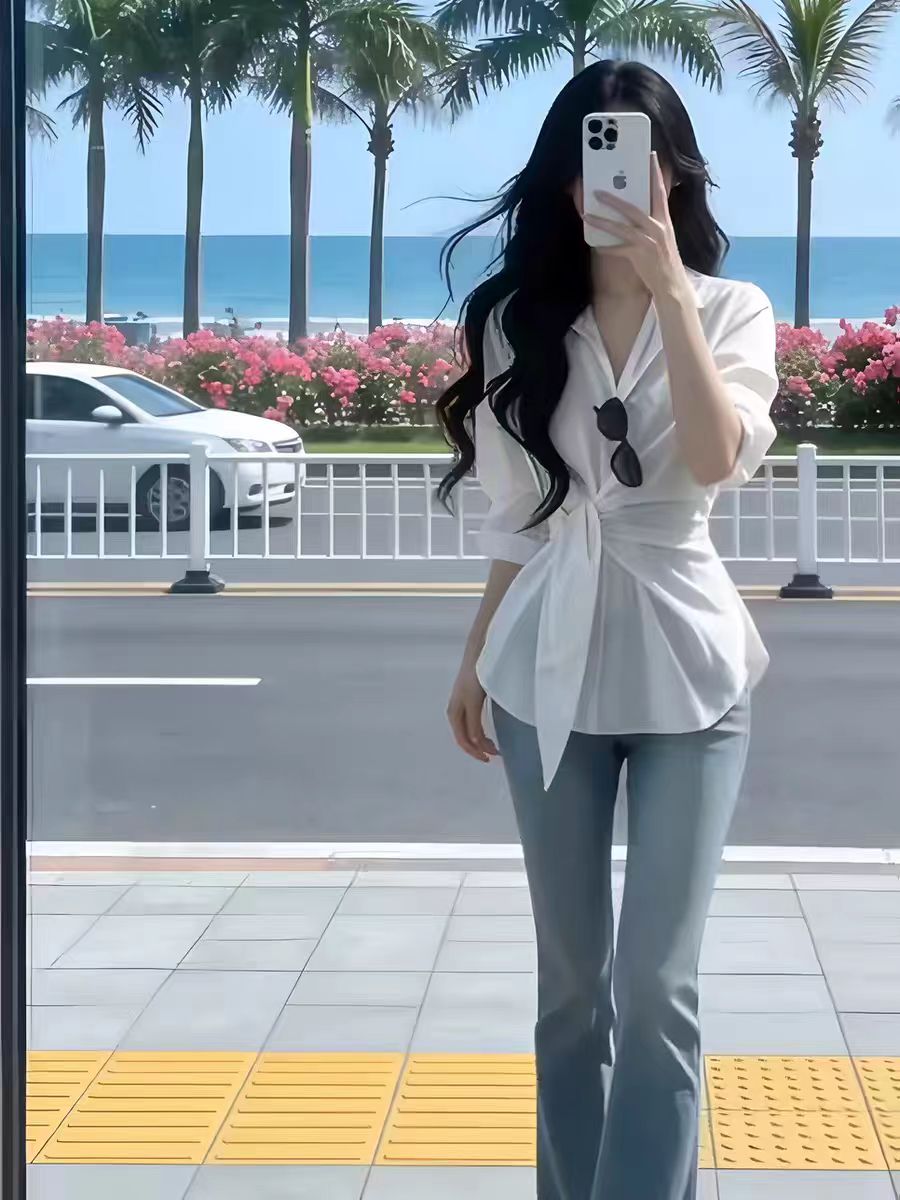 정가 재고 있음 2026 새로운 고급 센스 허리 수축 긴팔 동점 매듭 셔츠 코디 레트로 블루 청바지 세트