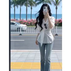 批发实价有货2026新款高级感收腰长袖绑结衬衫搭配复古蓝<b class='q'>牛仔</b>裤<b class='q'>套装</b>