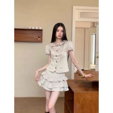 批发实价有货韩系减龄<b class='q'>泡泡袖</b>翻领短款<b class='q'>上衣</b>女夏季高腰显瘦半身裙套装