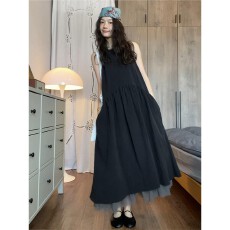 批发实价有货法式慵懒风网纱拼接<b class='q'>背心</b>连衣裙女气质高腰显瘦大摆<b class='q'>长裙</b>