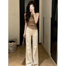 批发实价有货辣妹风气质挂脖交叉针织<b class='q'>背心</b>上衣高腰阔腿<b class='q'>牛仔</b>裤套装