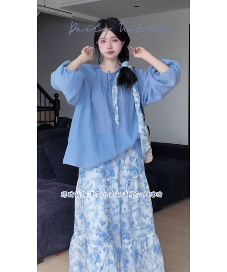 정가 재고 있음 프랑스식 달콤한 스타일 파란색 반팔 셔츠 맨위 여성 하이웨이스트 한 마디 꽃무늬 반신 치마 세트