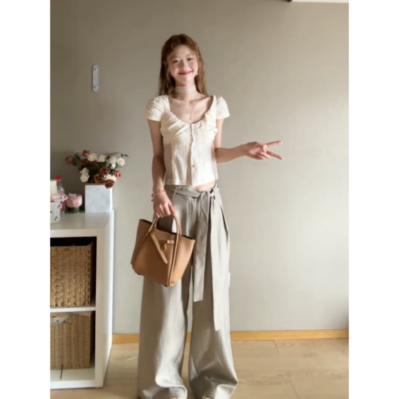 정가 재고 있음 한 부서 분위기 센스 광장 칼라 반팔 허리 수축 여성 셔츠 품격 하이웨이스트 슬림해 보이는 와이드 레그 팬츠 세트