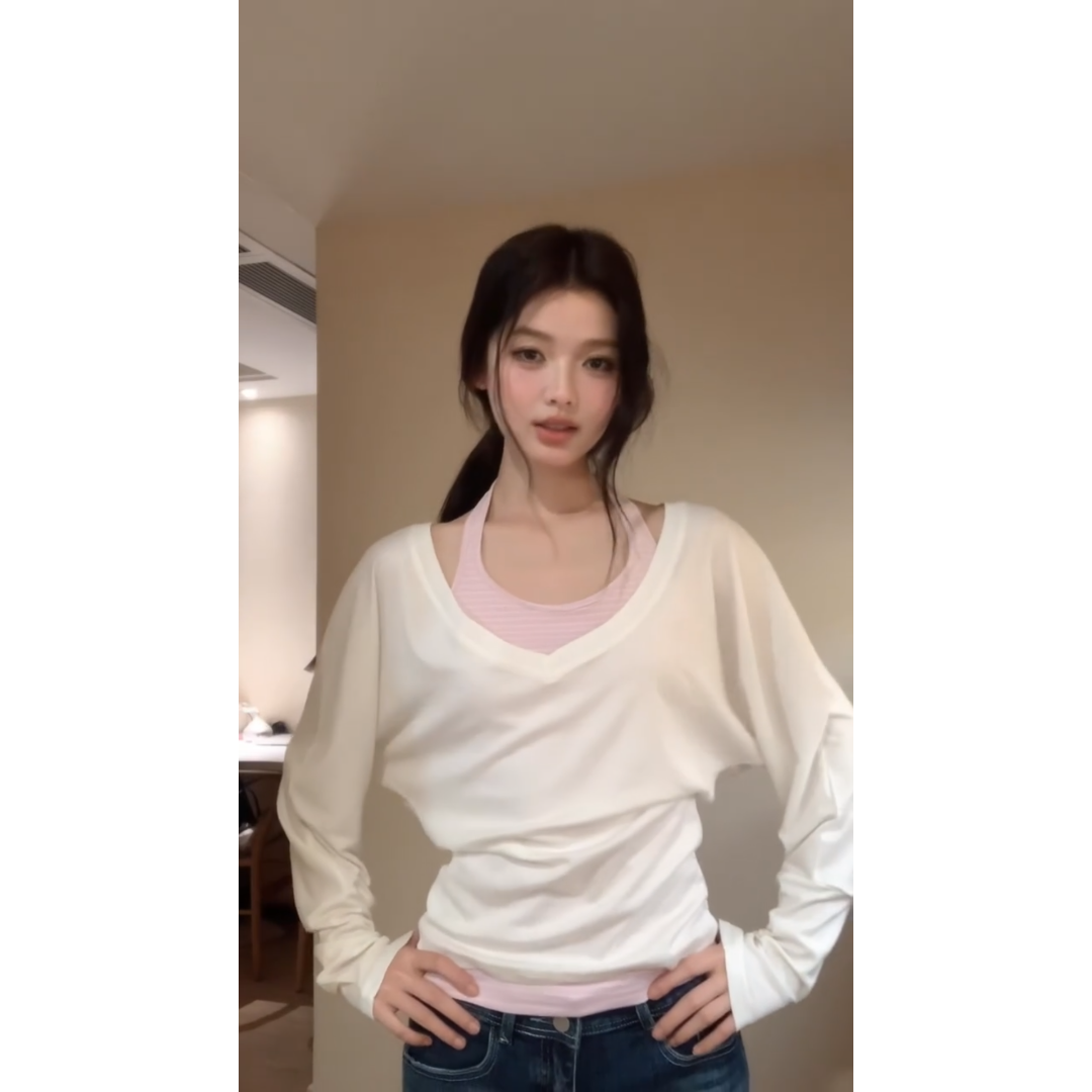 정가 재고 있음 한 부서 얇은 스타일 자외선 차단 블라우스 스트라이프 행침 목 조끼 맨위 하이웨이스트 슬림해 보이는 청바지 세트