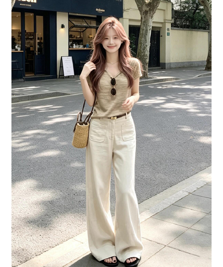 정가 재고 있음 한 부서 빛 요리 한 바람 아마 반팔 V넥 맨위 디자인 센스 루즈핏 넓은 다리 청바지 세트