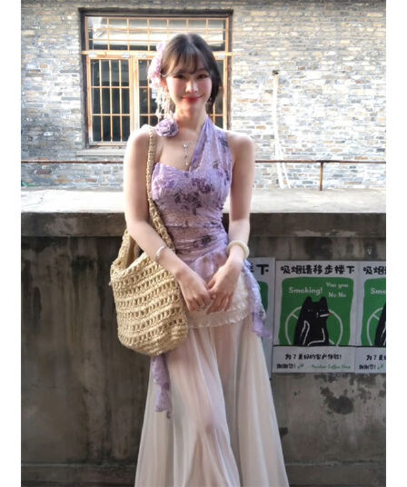 정가 재고 있음 한 부서 부드러운 바람 보라색 프린트 행침 목 조끼 맨위 여성 하이웨이스트 슬림해 보이는 반신 치마 세트
