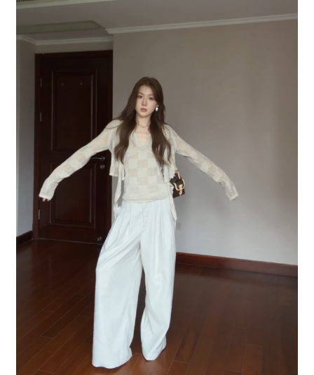 정가 프랑스식 느긋한 바람 체스 판 그리드 홀로우 아웃 자외선 차단 오픈 가디건 슬립 맨위 루즈핏 와이드 레그 팬츠 세트