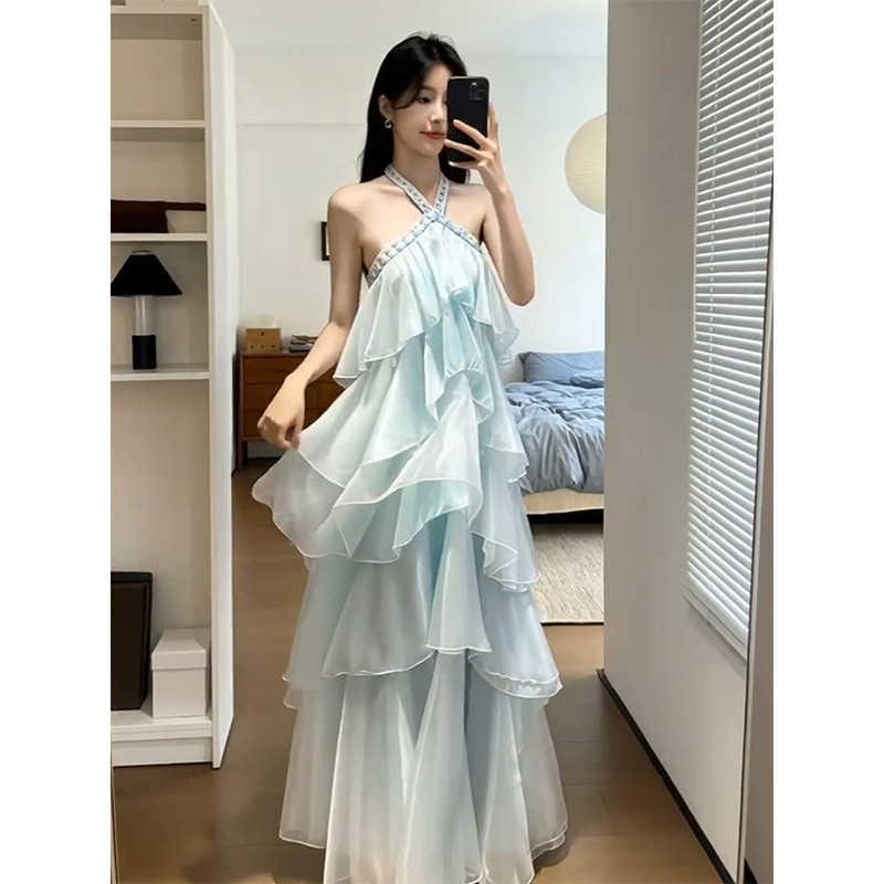 정가 재고 있음 프랑스식 부드러운 바람 행침 목 비즈 박기 다중 레이어 프릴 큰 진자 드레스 빛 럭셔리 몸매 가꾸기 롱 스커트