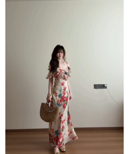 정가 재고 있음 프랑스식 우아함 바람 프릴 꽃무늬 여성 드레스 여름 몸매 가꾸기 슬림해 보이는 타이트 스커트 길다 치마