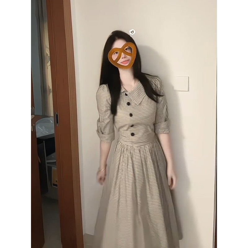 정가 프랑스식 소금 부서 불규칙 체크무늬 여성 드레스 디자인 센스 품격 허리 수축 슬림해 보이는 길다 치마