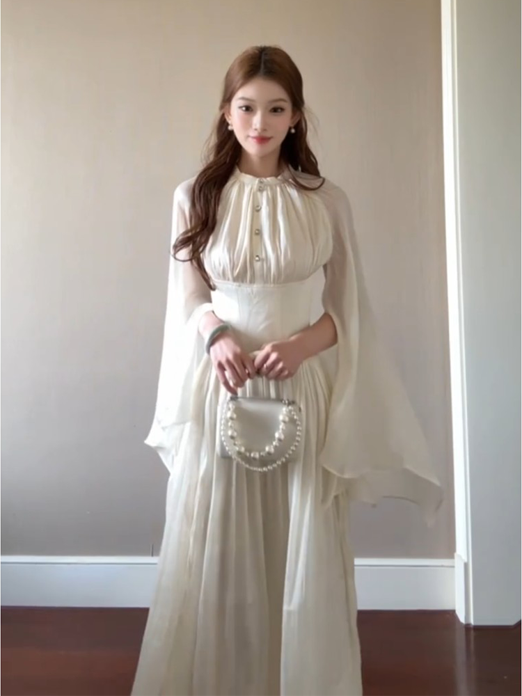정가 재고 있음 프랑스식 부드러운 바람 허리 수축 리본 망토 소매 드레스 빛 럭셔리 몸매 가꾸기 슬림해 보이는 품격 롱 스커트