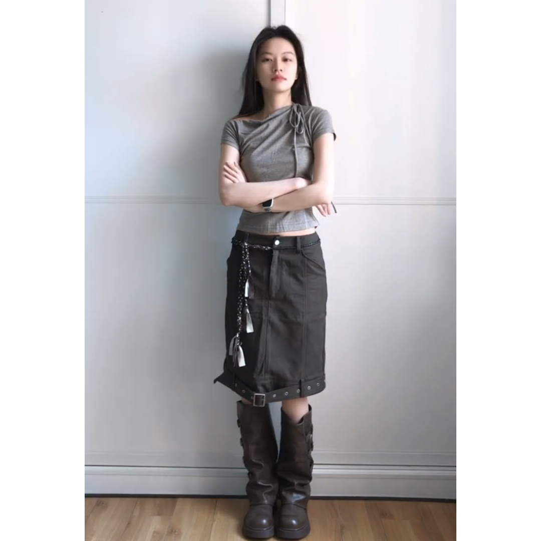 정가 레트로 반하이넥 측면 레이스업 반팔 티셔츠 여성 여름 작은 키 Chic 스트레이트 반신 스커트 투피스 세트