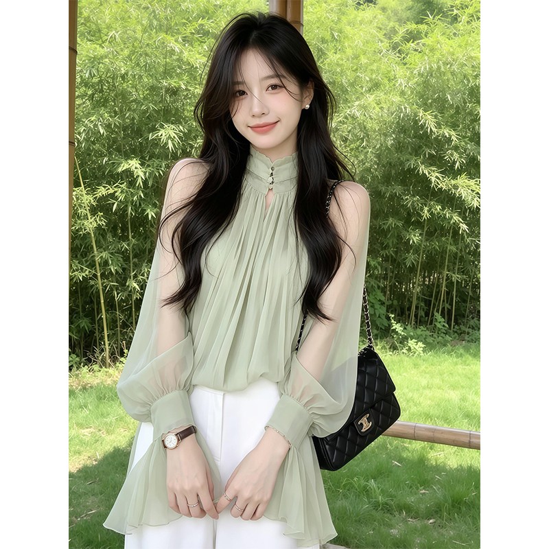 정가 재고 있음 한 부서 부드러운 바람 스탠드 칼라 나팔 소매 셔츠 맨위 루즈핏 슬림해 보이는 넓은 다리 캐주얼 바지 세트