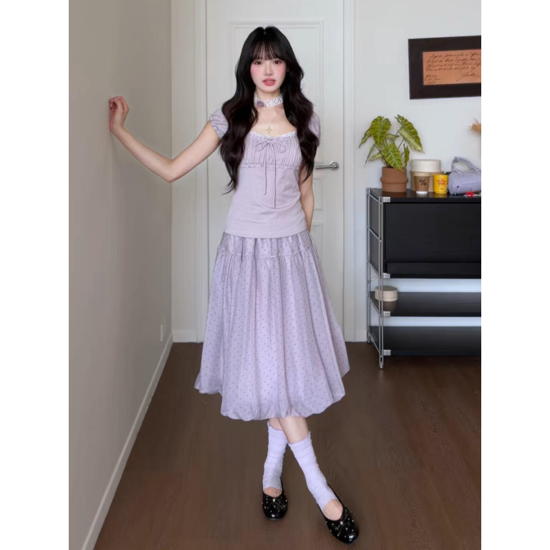 정가 재고 있음 부드러운 바람 라벤더 레이스 광장 칼라 맨위 여성 여름 새로운 허리밴드 반신 스커트 투피스 세트