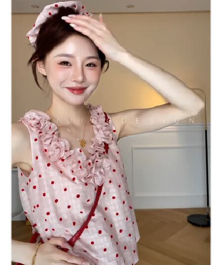 정가 재고 있음 달콤함 소녀 센스 도트 무늬 프릴 민소매 조끼 맨위 하이웨이스트 한 마디 반신 치마 세트