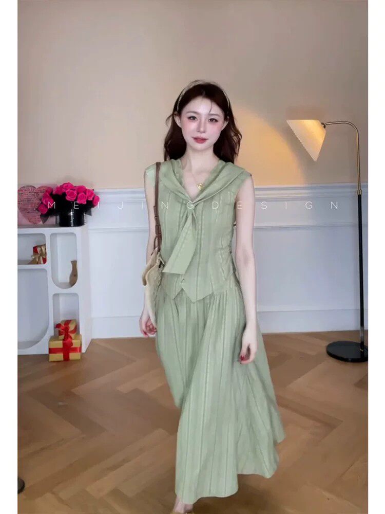 정가 재고 있음 여름 신선함 녹색 레이스 조각 해군 칼라 맨위 여성 작은 대중 부드러운 바람 한 마디 반신 스커트