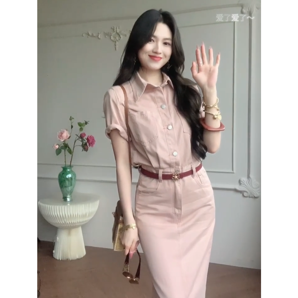 정가 재고 있음 프랑스식 레트로 폴로 칼라 셔츠 여성 드레스 품격 허리 수축 슬림해 보이는 트임 타이트 스커트