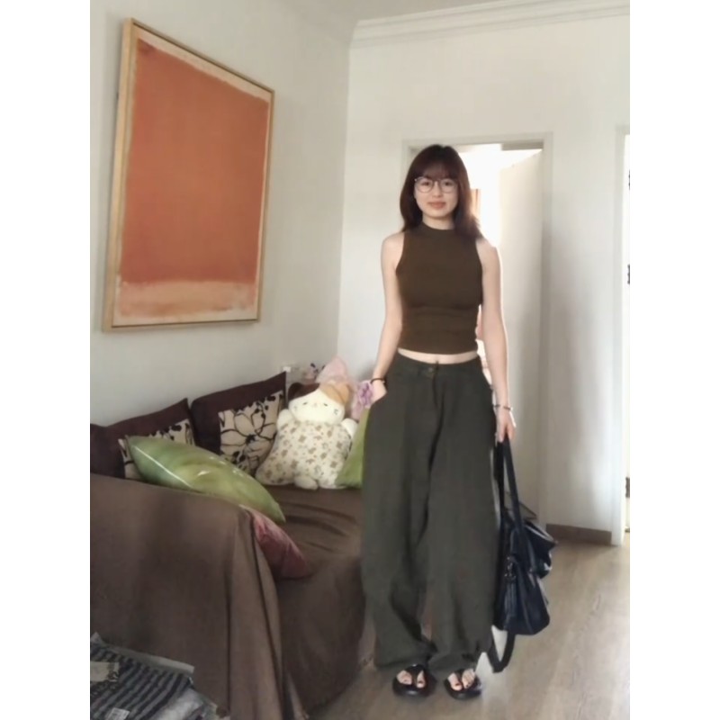 정가 재고 있음 아메리칸 핫걸 바람 반하이넥 민소매 니트 조끼 여성 레트로 군용 녹색 넓은 다리 청바지