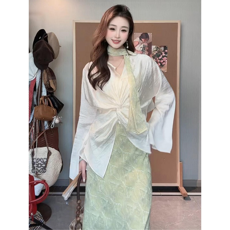 정가 프랑스식 부드러운 바람 비틀림 긴팔 여성 셔츠 여름 새로운 하이웨이스트 한 마디 반신 치마 세트