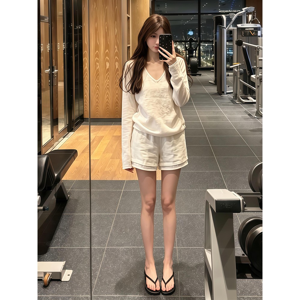 정가 한 부서 느긋한 바람 V넥 루즈핏 긴팔 셔츠 맨위 하이웨이스트 슬림해 보이는 캐주얼 반바지 세트