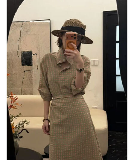 정가 빛 요리 한 출퇴근 바람 질감 체크무늬 허리 수축 여성 드레스 여름 새로운 루즈핏 슬림해 보이는 셔츠 드레스