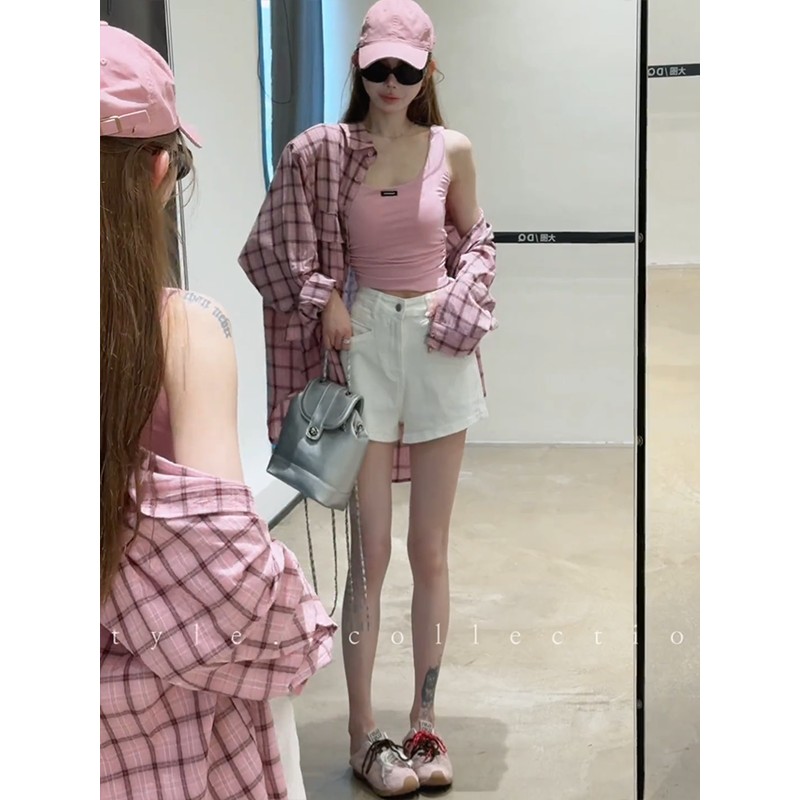 정가 달콤함 느긋한 바람 체크무늬 태양 보호 셔츠 캐미솔 여름 새로운 넓은 다리가 짧다. 바지 3종 세트