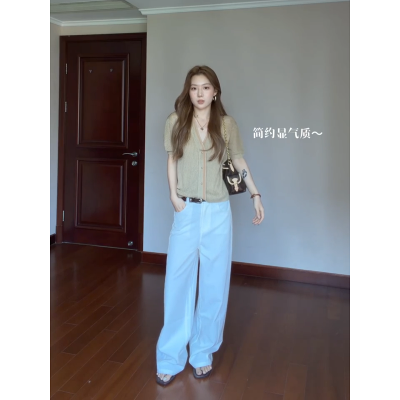 정가 한 부서 출퇴근 바람 V넥 반팔 니트 오픈 가디건 여성 루즈핏 슬림해 보이는 넓은 다리 캐주얼 바지 세트