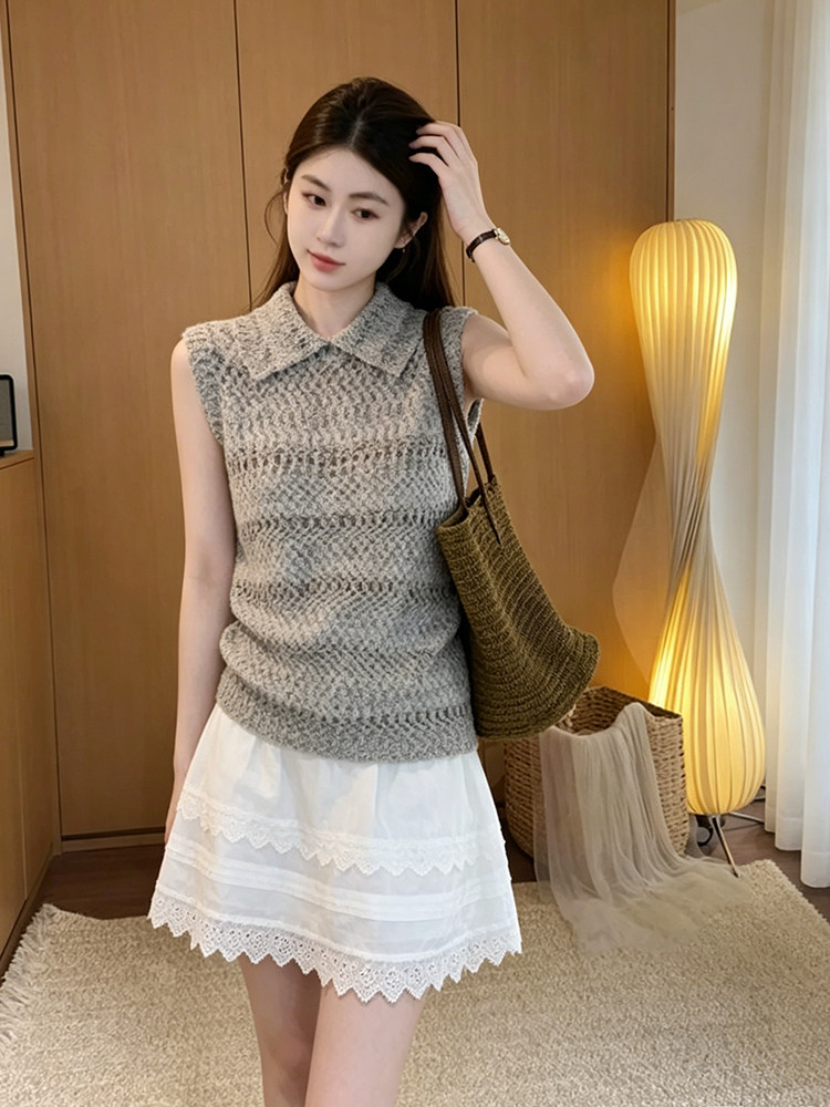정가 부드러운 바람 폴로 칼라 니트 민소매 조끼 조끼 여자 여름 새로운 레이스 레이스 반신 스커트 투피스 세트