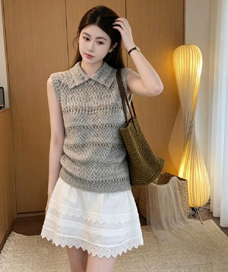 정가 부드러운 바람 폴로 칼라 니트 민소매 조끼 조끼 여자 여름 새로운 레이스 레이스 반신 스커트 투피스 세트