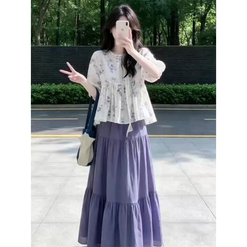 정가 느슨함 느긋한 바람 루즈핏 슬림해 보이는 프린트 셔츠 여름 부드러운 바람 하이웨이스트 반신 치마 세트