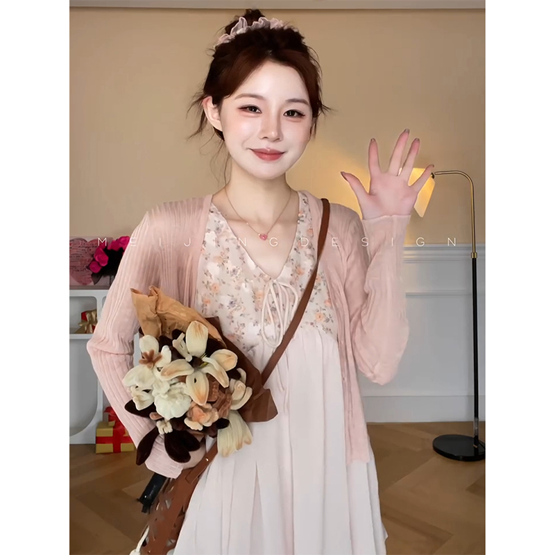 정가 달콤함 부드러운 바람 꽃무늬 루즈핏 슬림해 보이는 슬립 여성 드레스 여름 자외선 차단 오픈 가디건 세트