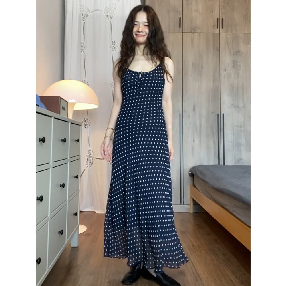 정가 한 부서 부드러운 바람 도트 무늬 슬립 여성 드레스 여름 작은 대중 아니요 명중 섹션 허리 수축 길다 치마