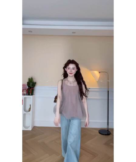 정가 한 부서 부드러운 바람 망사 민소매 조끼 맨위 여성 루즈핏 슬림해 보이는 넓은 다리 청바지 세트