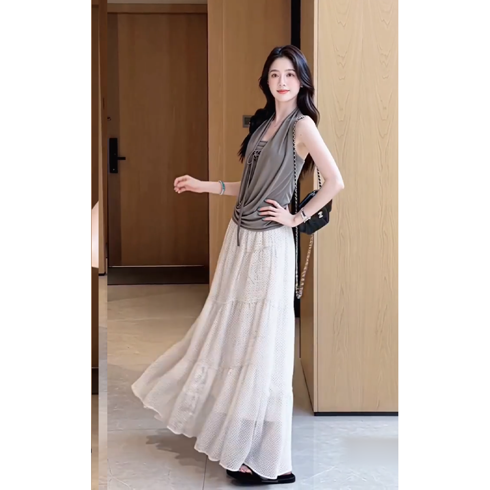 정가 핫걸 바람 행침 목 백리스 캐미솔 맨위 여성 여름 디자인 센스 도트 무늬 반신 치마 세트