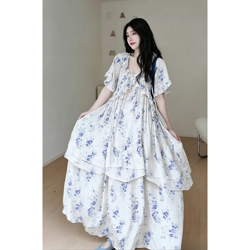 정가 느슨함 느긋한 바람 꽃무늬 V넥 프릴 여성 드레스 여름 품격 루즈핏 길다 치마
