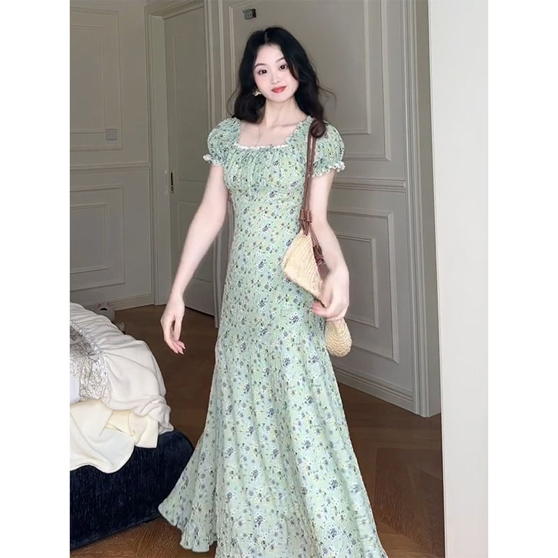 정가 프랑스식 전원 바람 꽃무늬 광장 칼라 반팔 드레스 여름 새로운 아름다운 허리 수축 슬림해 보이는 꽃무늬 치마