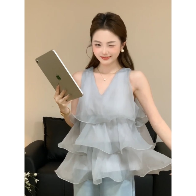 정가 여름 새로운 V넥 다중 레이어 프릴 케이크 쉬폰 민소매 조끼 여성 프랑스식 부드러운 연령 감소 맨위