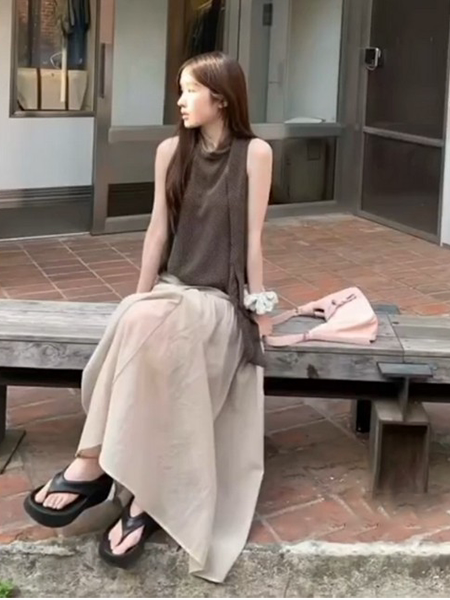 정가 한 부서 달콤한 스타일 민소매 맨위 코디 여름 새로운 망사 슬림해 보이는 반신 치마 세트